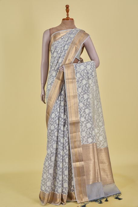 Banarasi kora cotton light steel grey saree with blouse