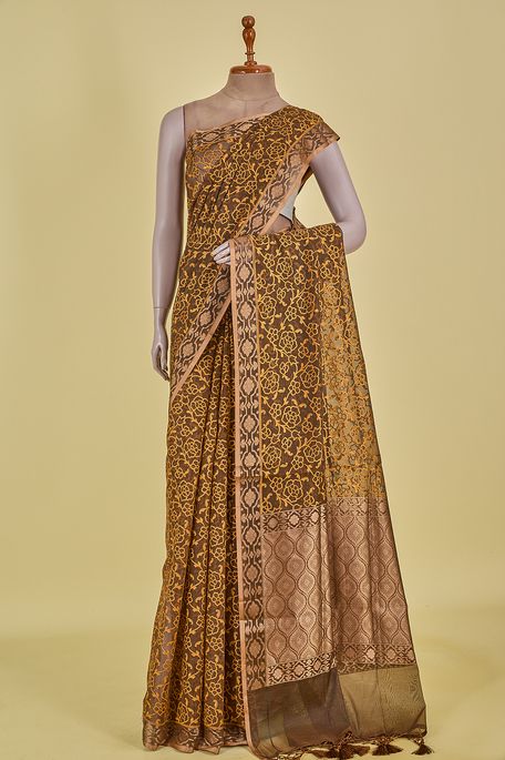 Banarasi kora cotton chocolate brown saree with blouse
