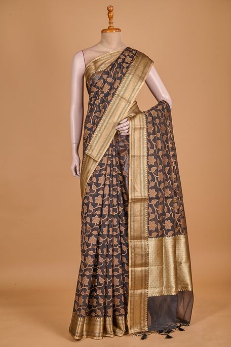 Banarasi kora cotton black saree with blouse