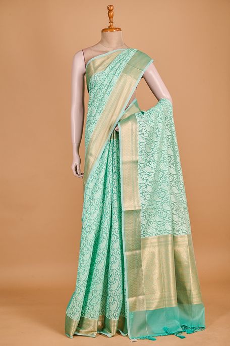 Banarasi kora cotton light persian sea green saree with blouse