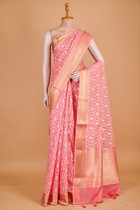 Banarasi kora cotton salmon pink saree with blouse