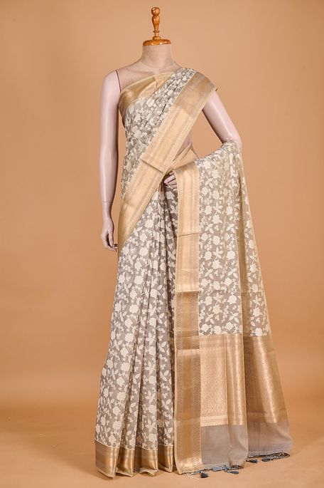 Banarasi kora cotton light steel grey saree with blouse