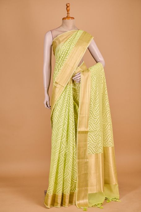 Banarasi kora cotton fresh lime green saree with blouse