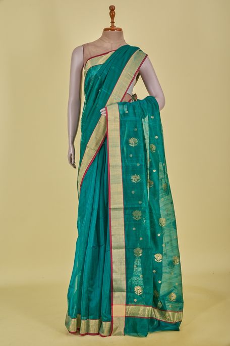 Chanderi cotton dark persian sea green saree with blouse