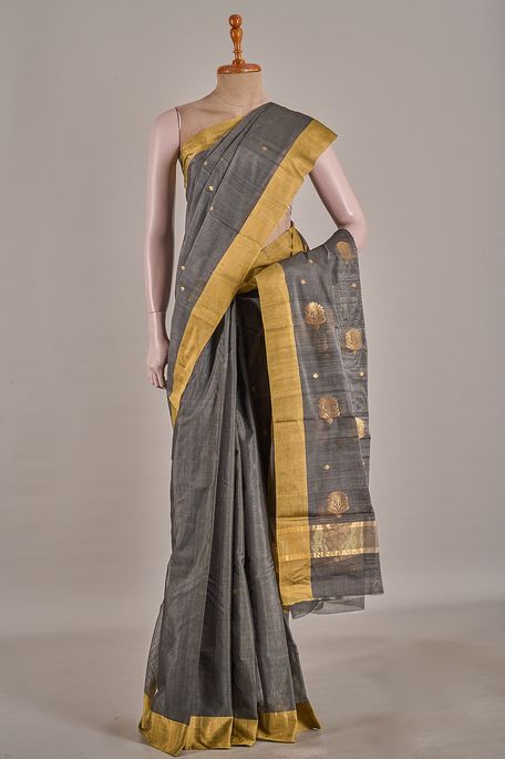 Chanderi cotton dark steel grey saree with blouse