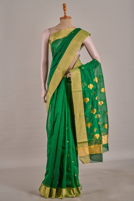 Chanderi cotton bottle green saree with blouse
