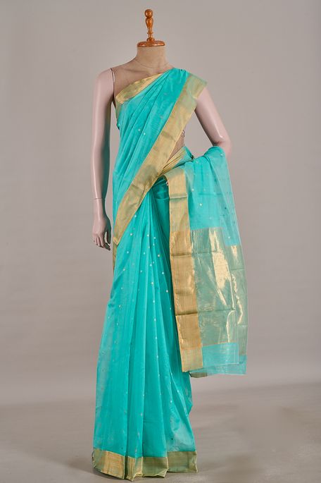 Chanderi cotton light turquoise blue saree with blouse