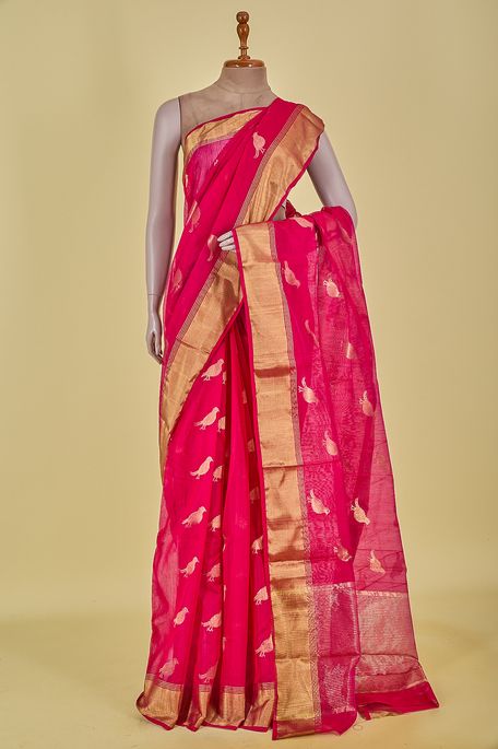 Chanderi cotton fuschia pink saree with blouse
