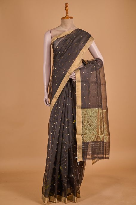 Chanderi kora silk black saree with blouse