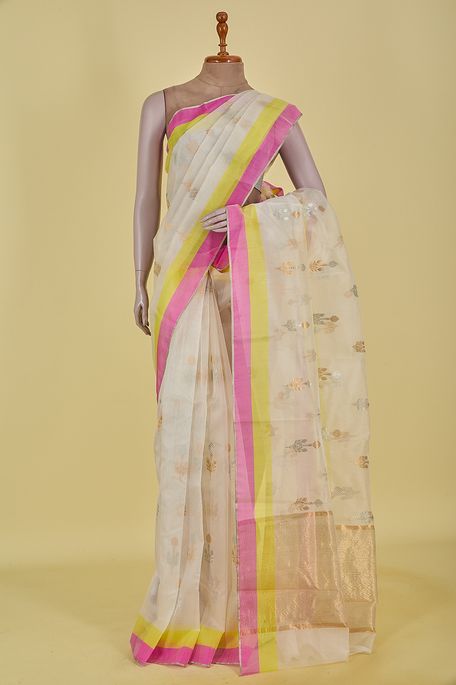 Chanderi kora silk white saree with blouse