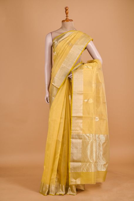 Chanderi kora silk light mustard saree with blouse