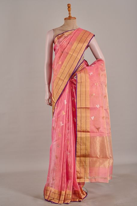 Chanderi tissue Kora persian rose pink saree with blouse