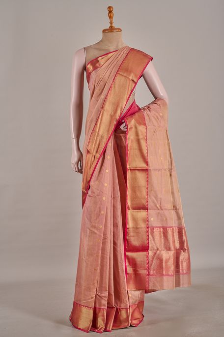 Chanderi cotton tissue dark salmon onion pink saree with blouse