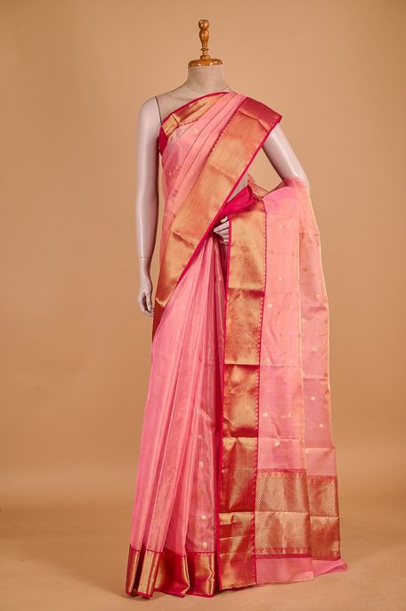 Chanderi tissue Kora persian rose pink saree with blouse