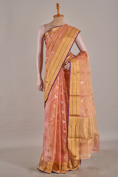 Chanderi tissue Kora dark salmon onion pink saree with blouse