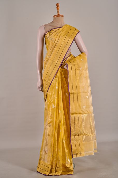 Chanderi tissue Kora bronze yellow saree with blouse