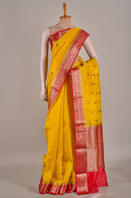 Banarasi kora silk golden yellow saree with blouse