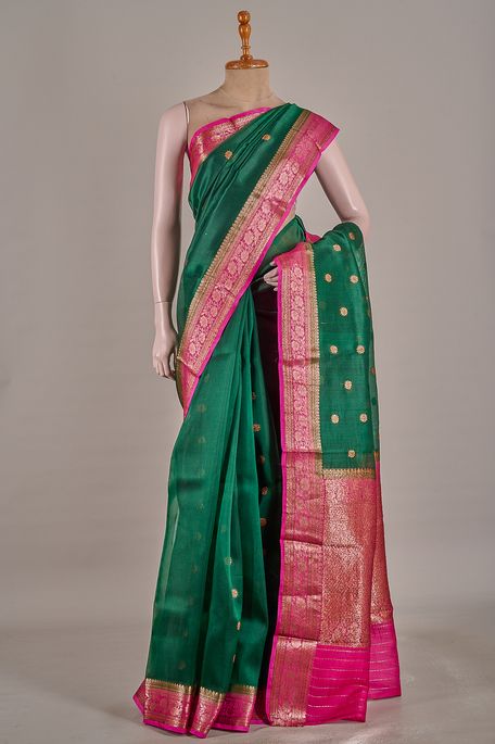 Banarasi kora silk dark olive green saree with blouse