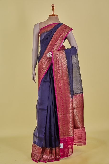 Banarasi kora silk navy blue saree with blouse