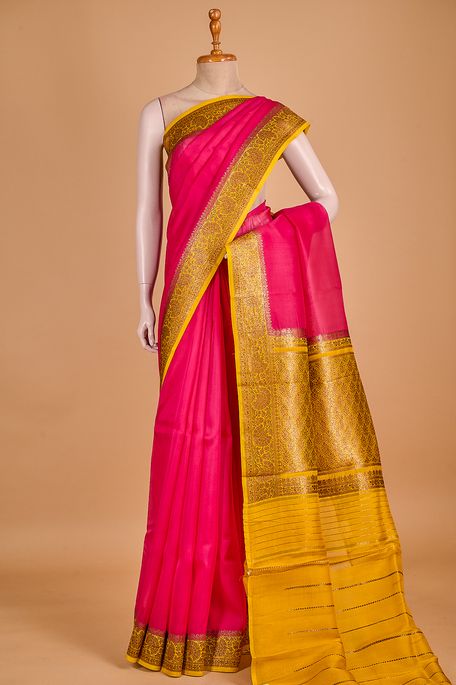 Banarasi kora silk fuschia pink saree with blouse