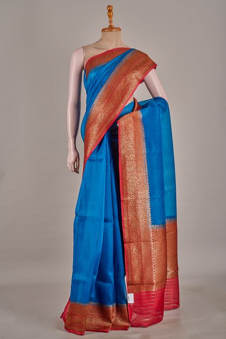 Banarasi kora silk dark sapphire aqua blue saree with blouse