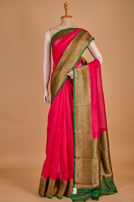 Banarasi kora silk fuschia pink saree with blouse