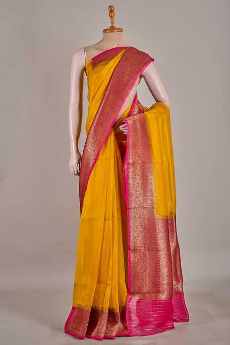 Banarasi kora silk golden yellow saree with blouse