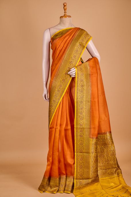 Banarasi kora silk chestnut rust saree with blouse