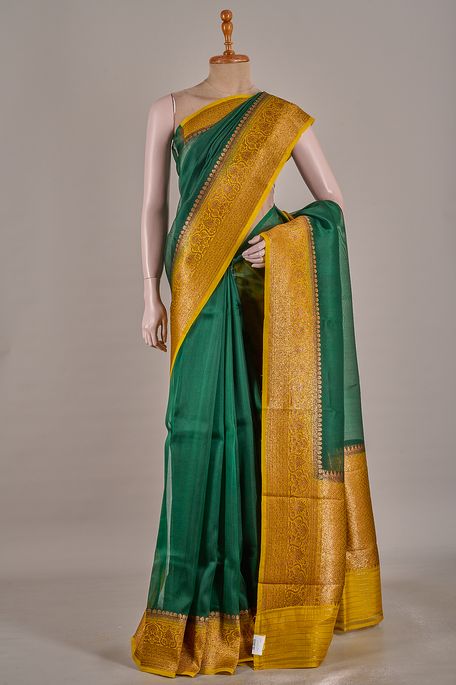 Banarasi kora silk dark olive green saree with blouse