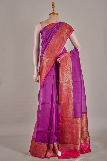 Banarasi kora silk dark violet purple saree with blouse