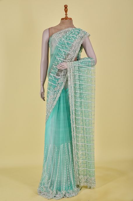 net / tule light persian sea green saree with blouse