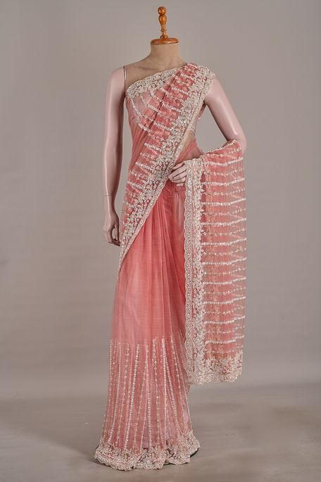 net / tule dark salmon onion pink saree with blouse