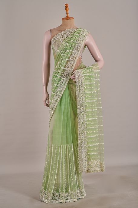 net / tule light mint sea green saree with blouse