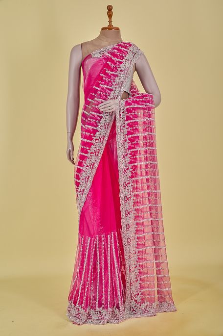 net / tule fuschia pink saree with blouse