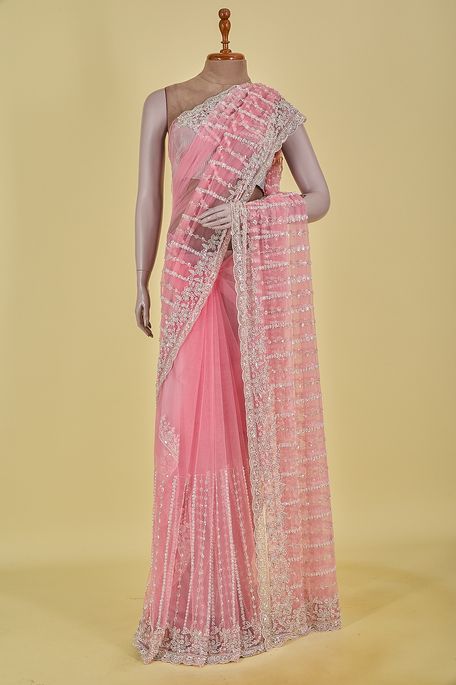 net / tule salmon pink saree with blouse