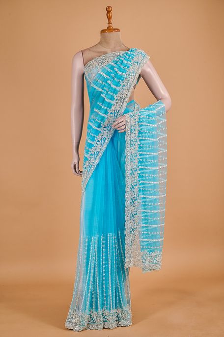 net / tule light turquoise blue saree with blouse