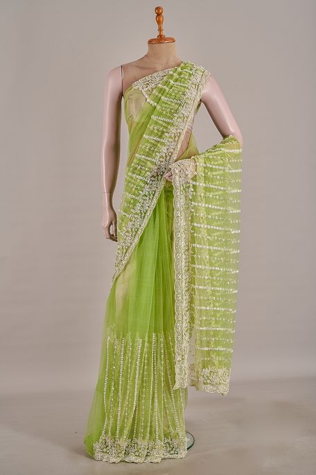 net / tule fresh lime green saree with blouse