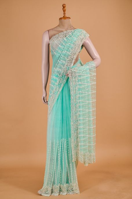 net / tule light persian sea green saree with blouse