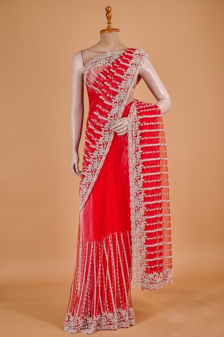 net / tule blood red saree with blouse