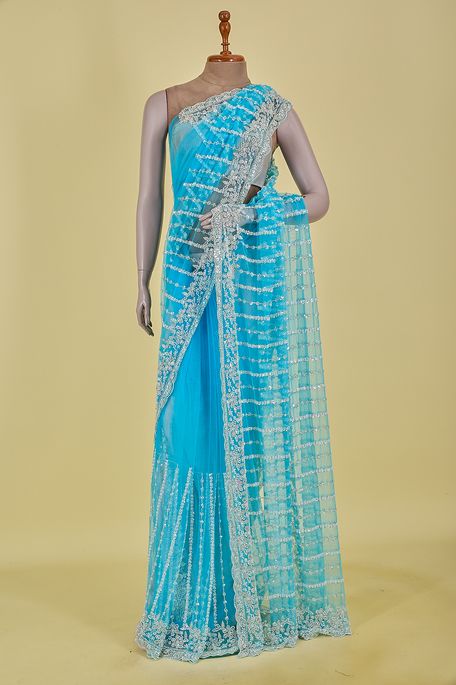 net / tule light turquoise blue saree with blouse