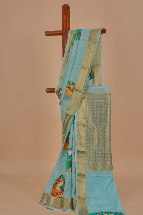 Mysore crepe sky and aqua blue saree with blouse