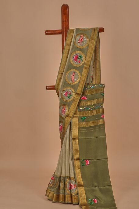 Mysore crepe light earth olive green saree with blouse