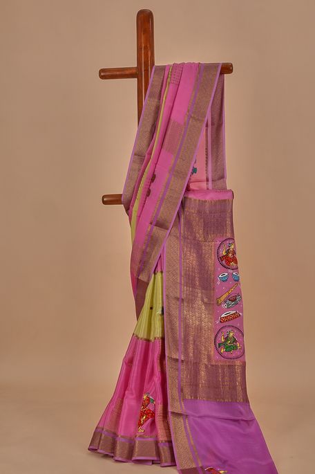 Mysore crepe dark old rose pink lemon yellow saree with blouse