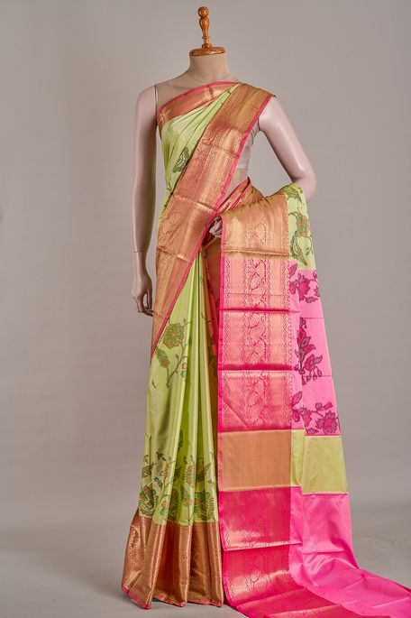 silk raw apple green saree with blouse