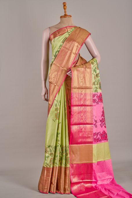 silk raw apple green saree with blouse