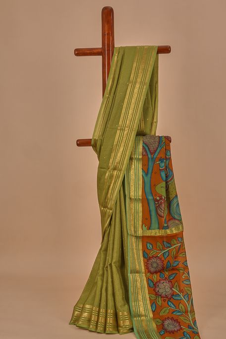 Kalamkari- Mysore crepe dark raw apple green saree with blouse