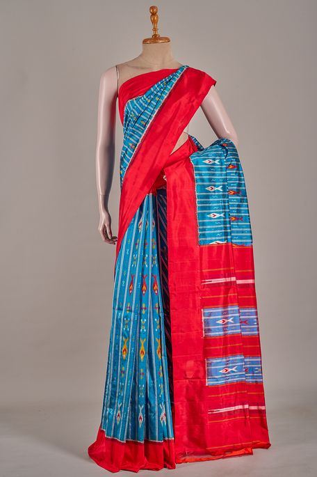 Ikkat- silk sapphire aqua blue saree with blouse