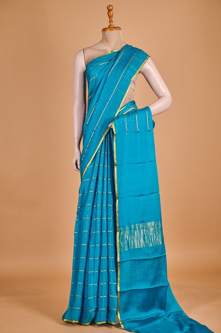 Mysore crepe sapphire aqua blue saree with blouse