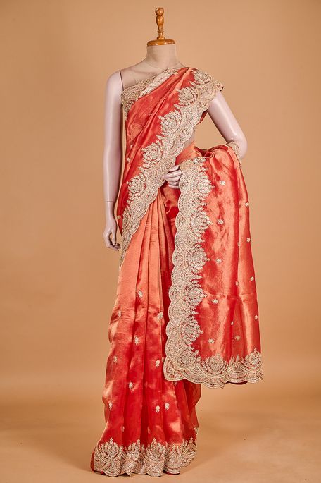 organza tissue blood red saree with blouse