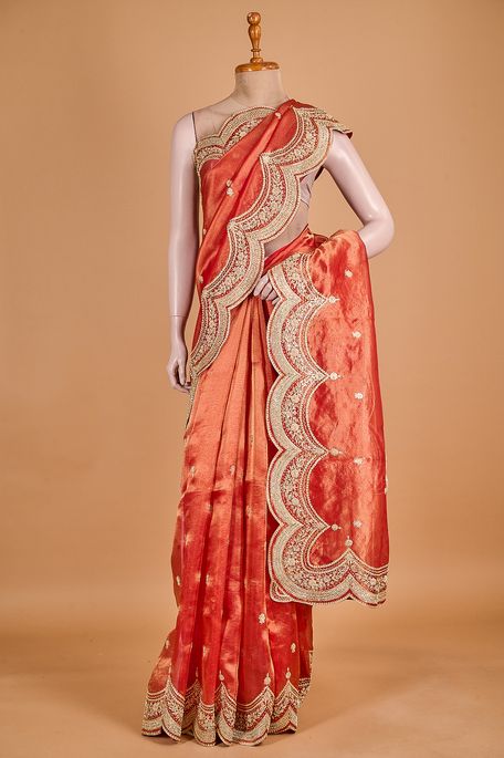 organza tissue blood red saree with blouse